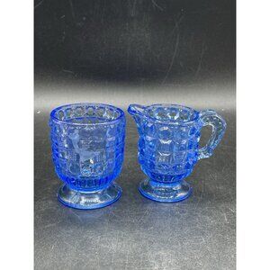 Kemple, Sugar Bowl & Creamer, Blue Pressed Glass Waffle & Button Pattern Small